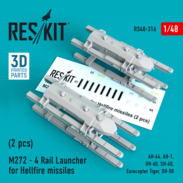 M272 - 4 Rail Launcher for Hellfire Missiles (2 pcs) (AH-64, AH-1, UH-60, SH-60, Eurocopter Tiger, OH-58) Scale 1:48 ResKit RS48-0316 for Helicopters Model Kit