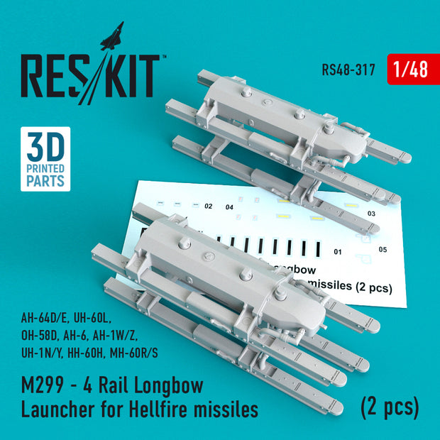 M299 - 4 Rail Longbow Launcher for Hellfire Missiles (2 pcs) (AH-64D/E, UH-60L, OH-58D, AH-6, AH-1W/Z, UH-1N/Y, HH-60H, MH-60R/S) Scale 1:48 ResKit RS48-0317 for Helicopters Model Kit
