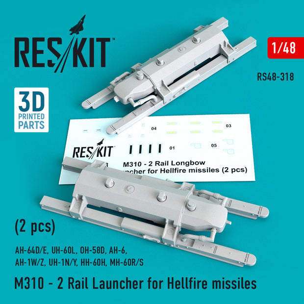 M310 - 2 Rail Launcher for Hellfire Missiles (2 pcs) (AH-64D/E, UH-60L, OH-58D, AH-6, AH-1W/Z, UH-1N/Y, HH-60H, MH-60R/S) Scale 1:48 ResKit RS48-0318 for Helicopters Model Kit