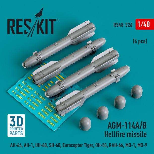 AGM-114A/B Hellfire Missiles (4 pcs) (AH-64, AH-1, UH-60, SH-60, Eurocopter Tiger, OH-58, RAH-66, MQ-1, MQ-9) (3D Printed) Scale 1:48 ResKit RS48-0326 for Aircraft / Helicopters Model Kit