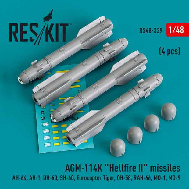 AGM-114K Hellfire II Missiles (4 pcs) (AH-64, AH-1, UH-60, SH-60, Eurocopter Tiger, OH-58, RAH-66, MQ-1, MQ-9) (3D Printed) Scale 1:48 ResKit RS48-0329 for Aircraft / Helicopters Model Kit