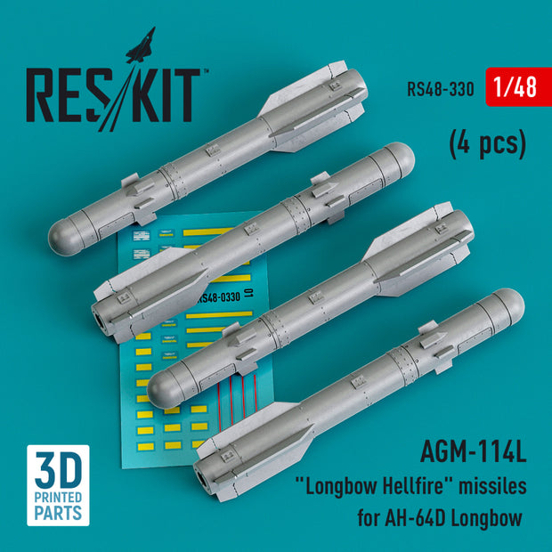 AGM-114L Longbow Hellfire Missiles (4 pcs)(AH-64D Longbow) (3D Printed) Scale 1:48 ResKit RS48-0330 for Helicopters Model Kit