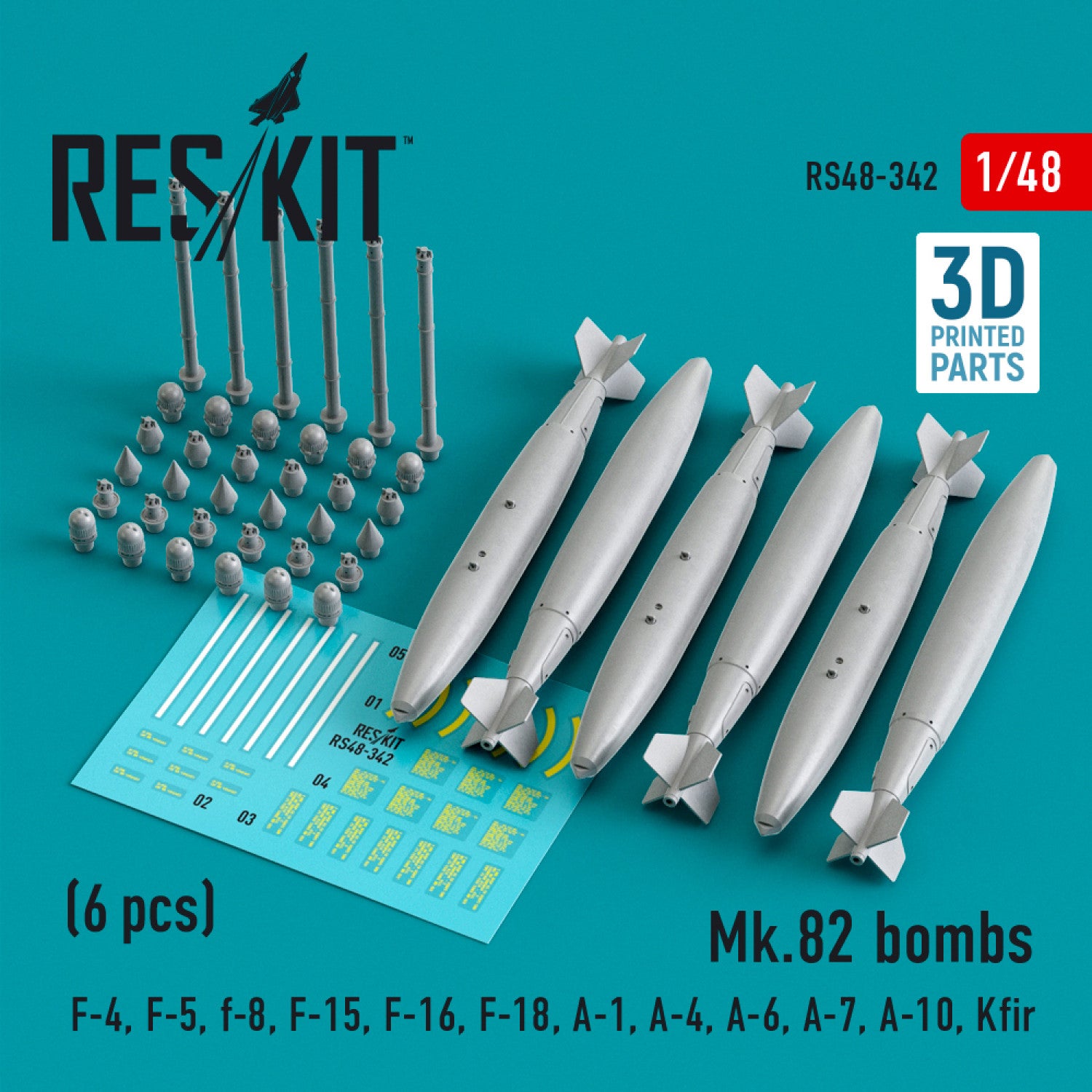 Mk.82 Bombs (6 pcs) (F-4, F-5, F-8, F-15, F-16, F-18, A-1, A-4, A-6, A-7, A-10, Kfir) (3D Printed) Scale 1:48 ResKit RS48-0342 for Aircraft Model Kit