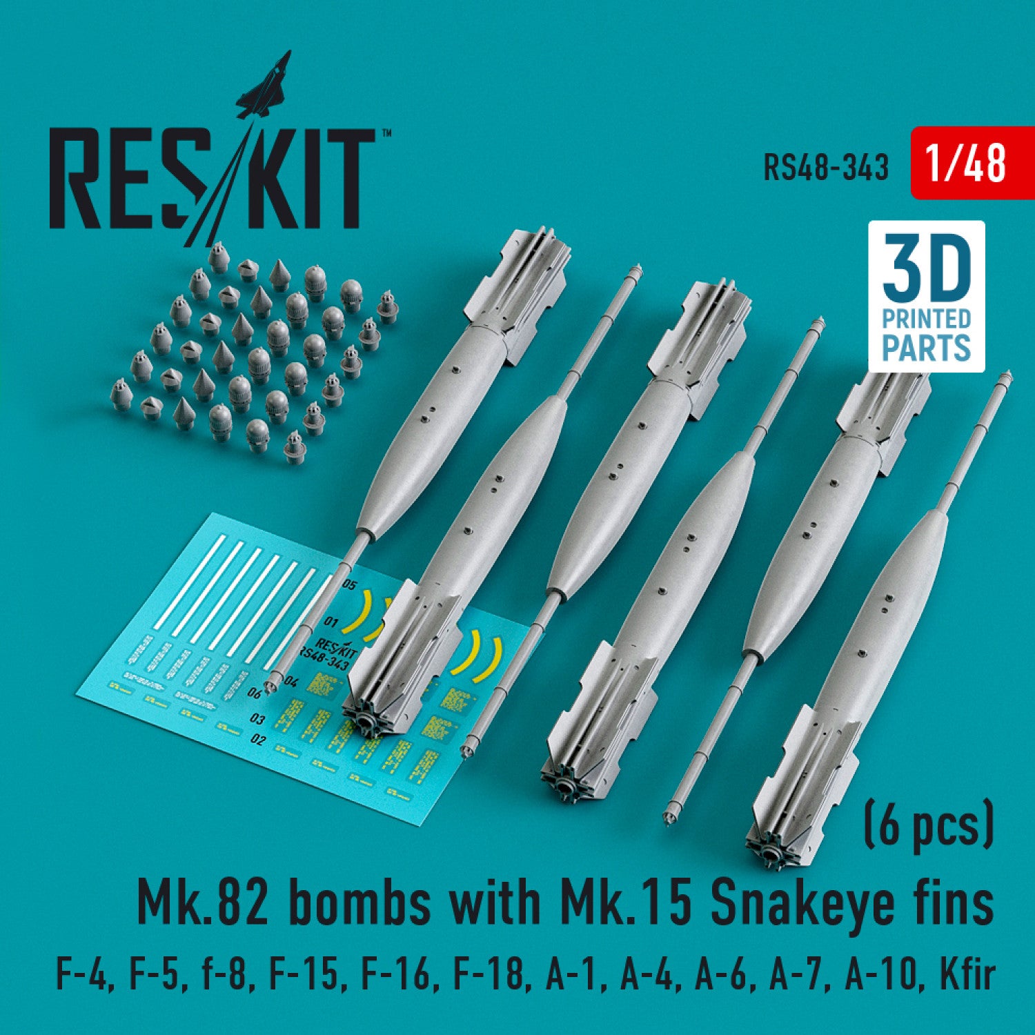 Mk.82 Bombs with Mk,15 Snakeye fins (6 pcs) (F-4, F-5, F-8, F-15, F-16, F-18, A-1, A-4, A-6, A-7, A-10, Kfir) (3D Printed) Scale 1:48 ResKit RS48-0343 for Aircraft Model Kit