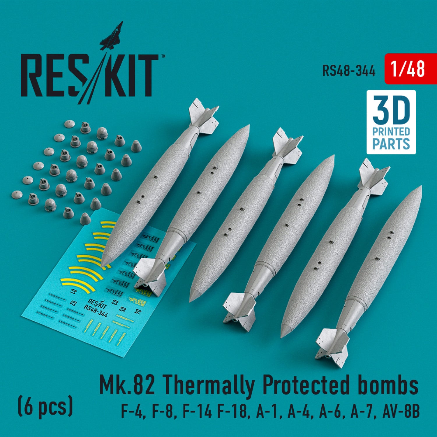 Mk.82 Thermally Protected Bombs (6 pcs) (F-4, F-8, F-14 F-18, A-1, A-4, A-6, A-7, AV-8B) (3D Printed) Scale 1:48 ResKit RS48-0344 for Aircraft Model Kit