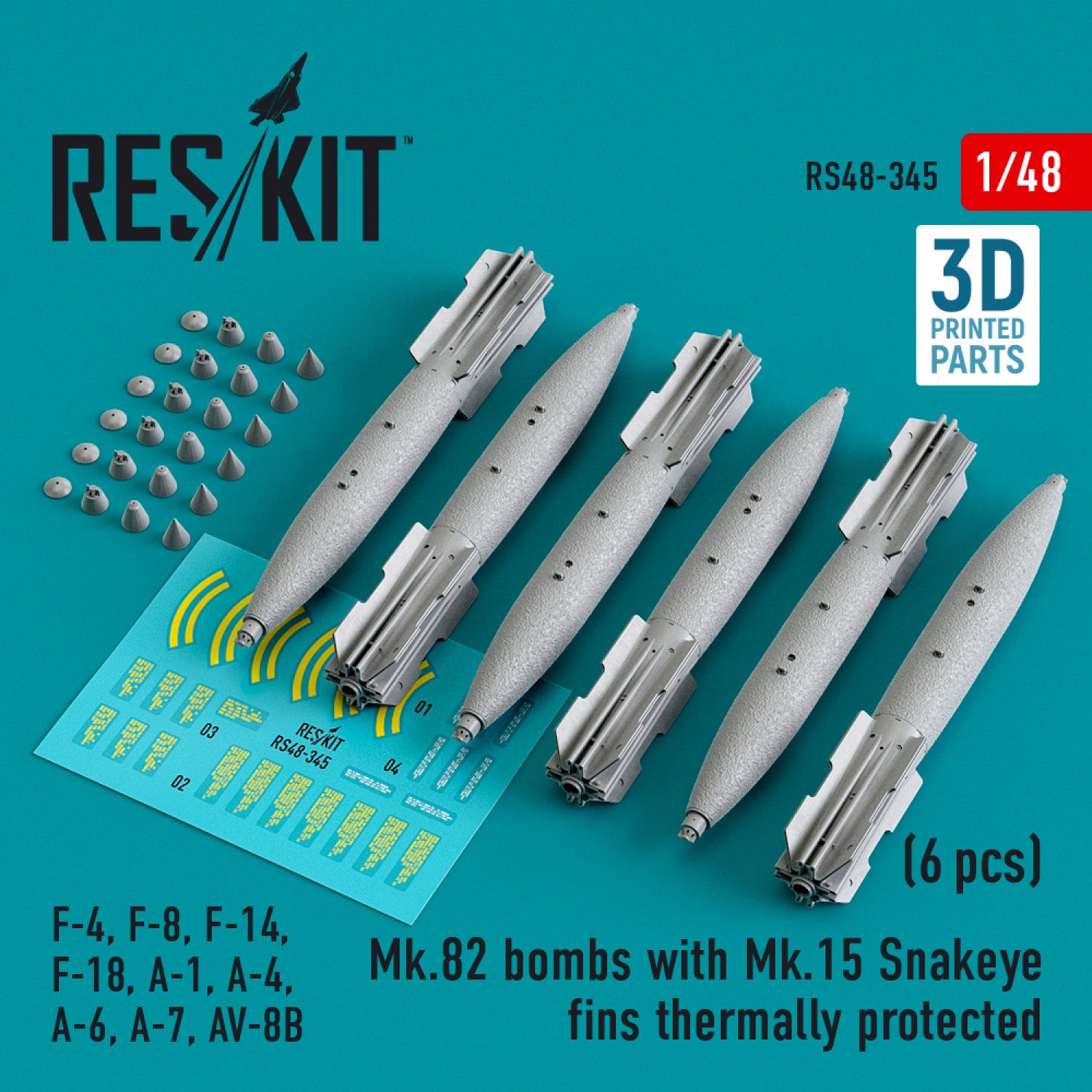 Mk.82 Bombs with Mk,15 Snakeye fins Thermally Protected (6 pcs) (F-4, F-8, F-14 F-18, A-1, A-4, A-6, A-7, AV-8B) (3D Printed) Scale 1:48 ResKit RS48-0345 for Aircraft Model Kit