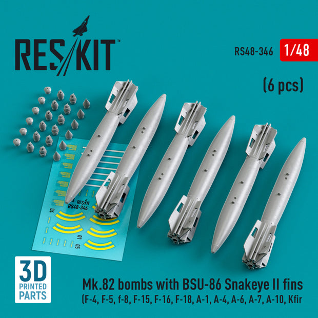 Mk.82 Bombs with BSU-86 Snakeye II fins (6 pcs) (F-4, F-5, F-8, F-15, F-16, F-18, A-1, A-4, A-6, A-7, A-10, Kfir) (3D Printed) Scale 1:48 ResKit RS48-0346 for Aircraft Model Kit