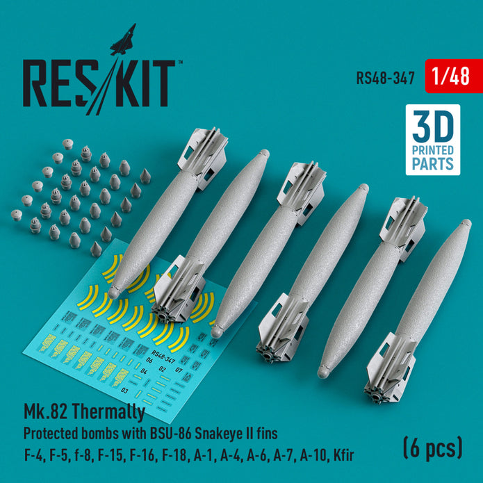 Mk.82 Thermally Protected Bombs with BSU-86 Snakeye II fins (6 pcs) (F-4, F-5, F-8, F-15, F-16, F-18, A-1, A-4, A-6, A-7, A-10, Kfir) (3D Printed) Scale 1:48 ResKit RS48-0347 for Aircraft Model Kit