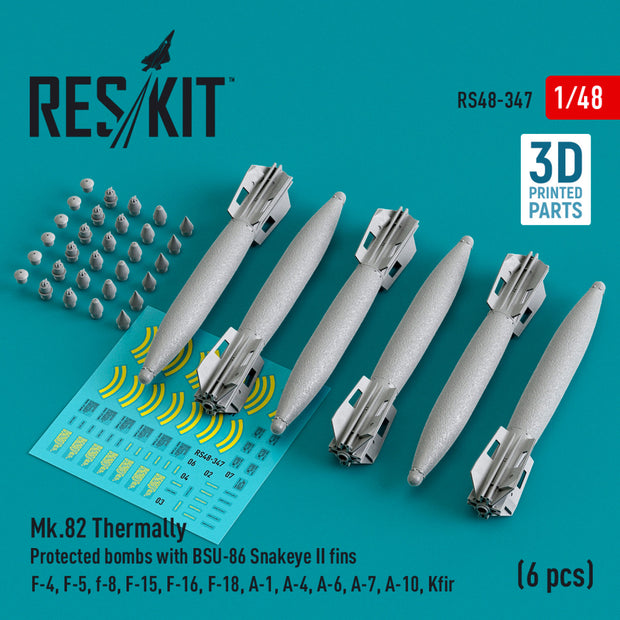 Mk.82 Thermally Protected Bombs with BSU-86 Snakeye II fins (6 pcs) (F-4, F-5, F-8, F-15, F-16, F-18, A-1, A-4, A-6, A-7, A-10, Kfir) (3D Printed) Scale 1:48 ResKit RS48-0347 for Aircraft Model Kit