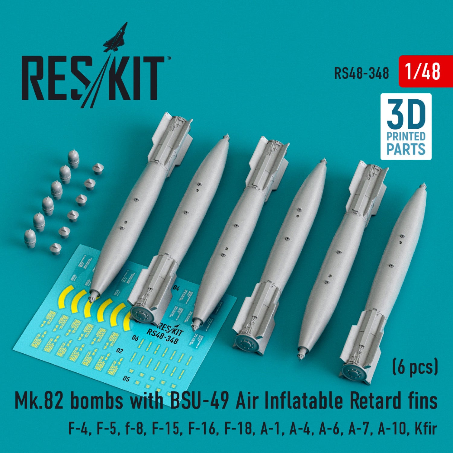 Mk.82 Bombs with BSU-49 air inflatable retard fins (6 pcs) (F-4, F-5, F-8, F-15, F-16, F-18, A-1, A-4, A-6, A-7, A-10, Kfir) (3D Printed) Scale 1:48 ResKit RS48-0348 for Aircraft Model Kit