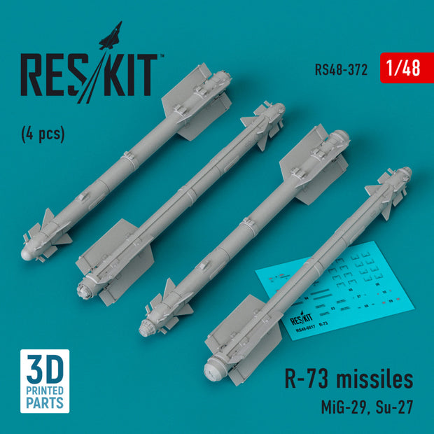R-73 Missiles (4 pcs) (MiG-29, Su-27) (3D Printed) Scale 1:48 ResKit RS48-0372 for Aircraft Model Kit