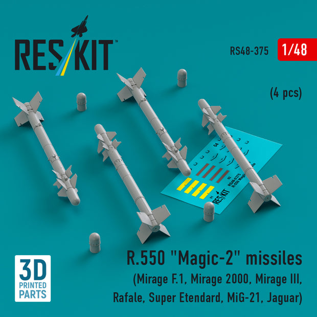 R,550 Magic-2 Missiles (4 pcs) (Mirage F.1, Mirage 2000, Mirage III, Rafale, Super Etendard, MiG-21, Jaguar) (3D Printed) Scale 1:48 ResKit RS48-0375 for Aircraft Model Kit