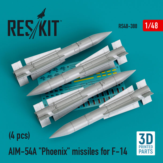 AIM-54A Phoenix Missiles for Grumman F-14 (4pcs) (3D Printed) Scale 1:48 ResKit RS48-0388 for Aircraft Model Kit