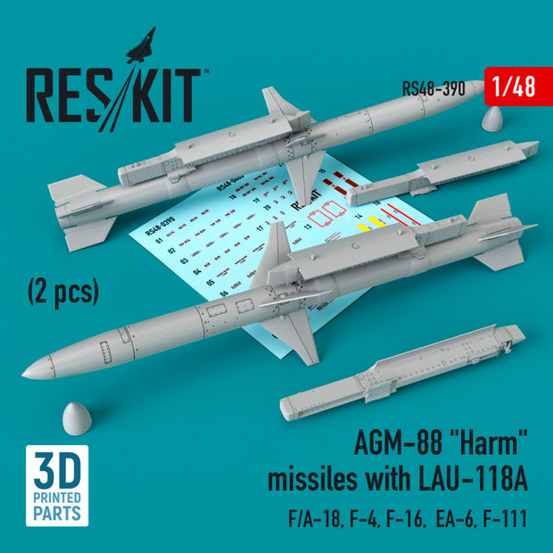 AGM-88 Harm Missiles with LAU-118A (2 pcs) (F/A-18, F-4, F-16, EA-6, F-111) Scale 1:48 ResKit RS48-0390 for Aircraft Model Kit