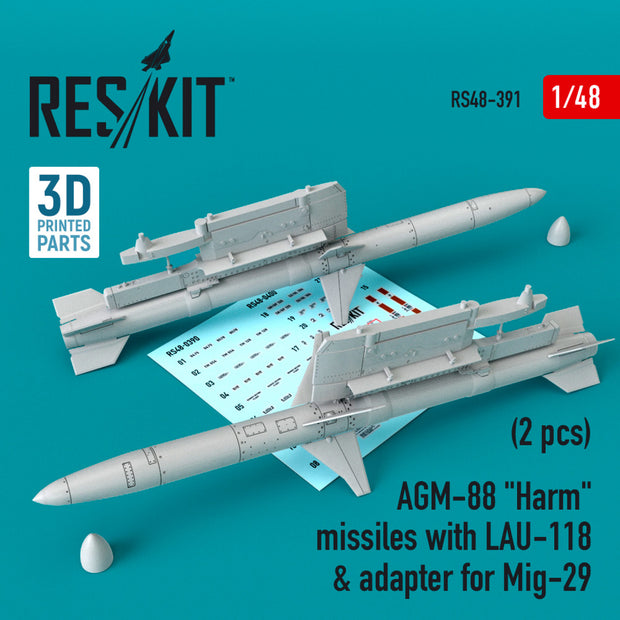 AGM-88 Harm Missiles with LAU-118 & adapter for Mig-29 (2 pcs) Scale 1:48 ResKit RS48-0391 for Aircraft Model Kit