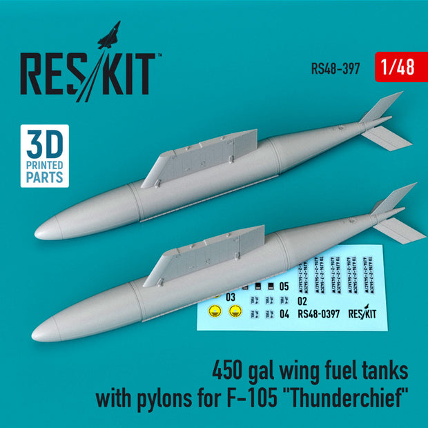 450 gal wing Fuel Tanks with Pylons for Republic F-105 Thunderchief (2 pcs) Scale 1:48 ResKit RS48-0397 for Aircraft Model Kit