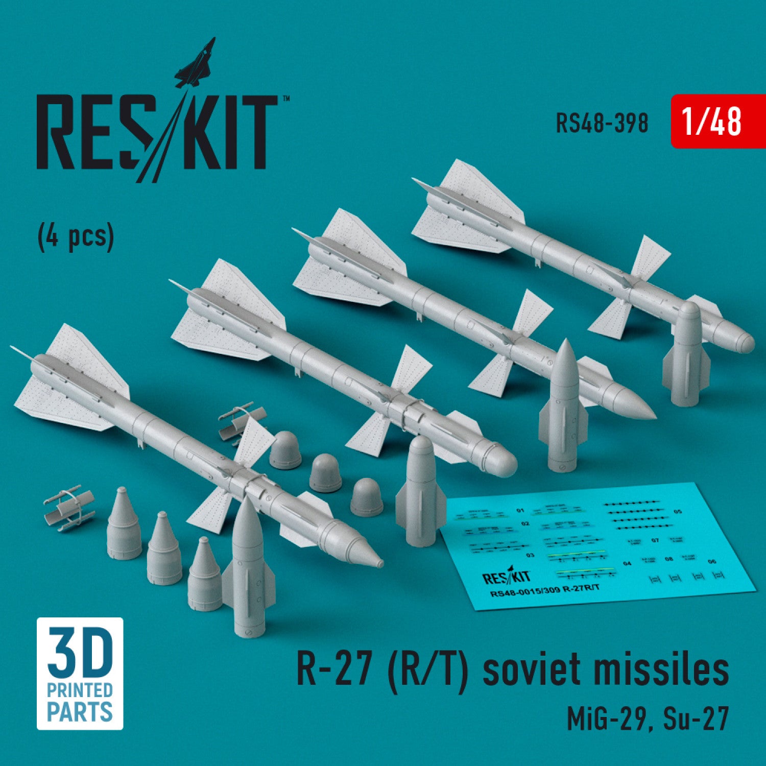 R-27 (R/T) Missiles (4 pcs) (MiG-29, Su-27) (3D Printed) Scale 1:48 ResKit RS48-0398 for Aircraft Model Kit
