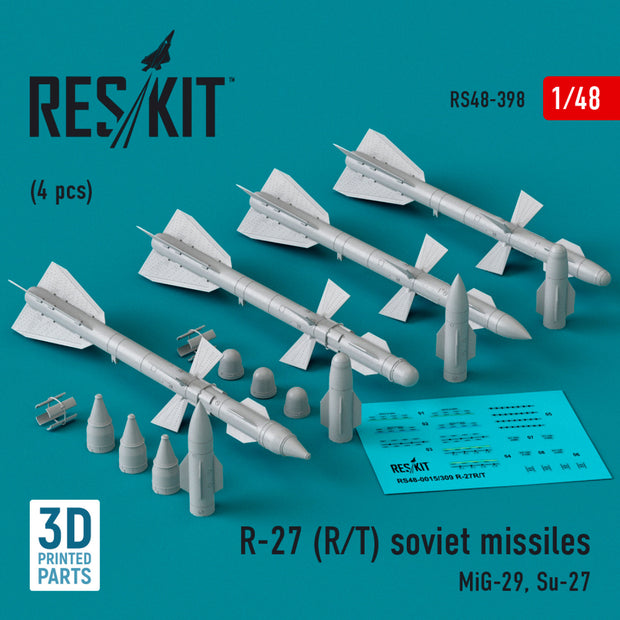 R-27 (R/T) Missiles (4 pcs) (MiG-29, Su-27) (3D Printed) Scale 1:48 ResKit RS48-0398 for Aircraft Model Kit