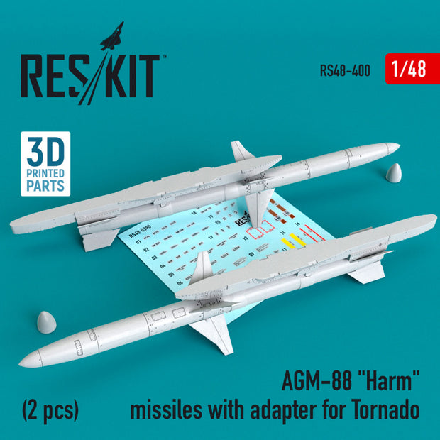 AGM-88 Harm Missiles with adapter for Tornado (2 pcs) Scale 1:48 ResKit RS48-0400 for Aircraft Model Kit