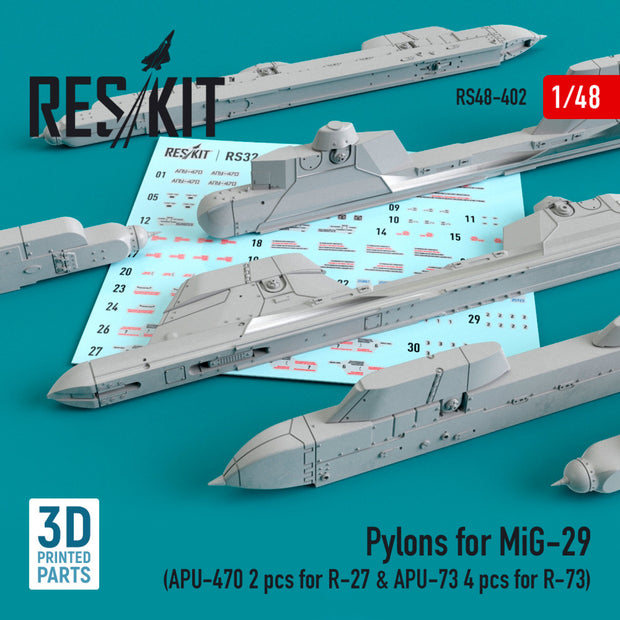 Pylons for MiG-29 (APU-470 2 pcs for R-27 & APU-73 4 pcs for R-73) Scale 1:48 ResKit RS48-0402 for Aircraft Model Kit