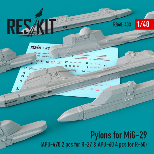 Pylons for MiG-29 (APU-470 2 pcs for R-27 & APU-60 4 pcs for R-60) Scale 1:48 ResKit RS48-0403 for Aircraft Model Kit