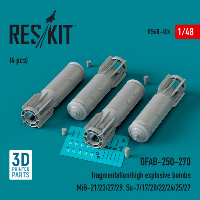 OFAB-250-270 fragmentation/high explosive Bombs (4 pcs) (MiG-21/23/27/29, Su-7/17/20/22/24/25/27) (3D Printed) Scale 1:48 ResKit RS48-0404 for Aircraft Model Kit