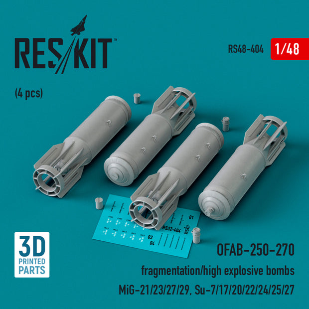 OFAB-250-270 fragmentation/high explosive Bombs (4 pcs) (MiG-21/23/27/29, Su-7/17/20/22/24/25/27) (3D Printed) Scale 1:48 ResKit RS48-0404 for Aircraft Model Kit