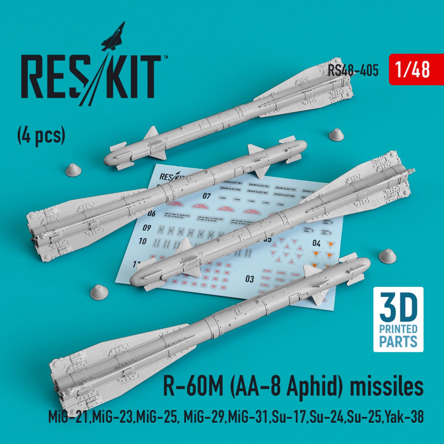 R-60М (AA-8 Aphid) Missiles (4 pcs) (MiG-21, MiG-23, MiG-25, MiG-29, MiG-31, Su-17, Su-24, Su-25, Yak-38) (3D printing) Scale 1:48 ResKit RS48-0405 for Aircraft Model Kit