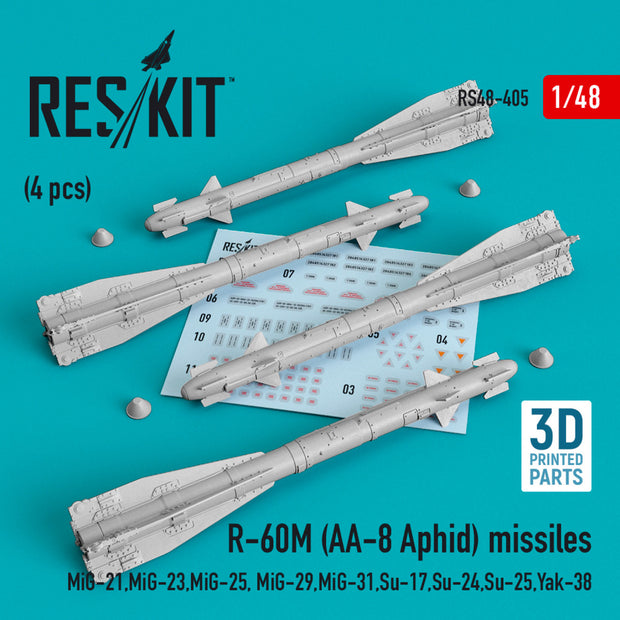 R-60М (AA-8 Aphid) Missiles (4 pcs) (MiG-21, MiG-23, MiG-25, MiG-29, MiG-31, Su-17, Su-24, Su-25, Yak-38) (3D printing) Scale 1:48 ResKit RS48-0405 for Aircraft Model Kit