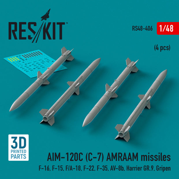 AIM-120C (C-7) AMRAAM Missiles (4 pcs) (F-16, F-15, F/A-18, F-22, F-35, AV-8b, Harrier GR,9, Gripen) (3D Printed) Scale 1:48 ResKit RS48-0406 for Aircraft Model Kit