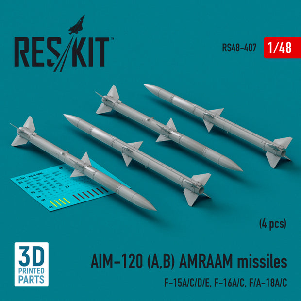 AIM-120 (A,B) AMRAAM Missiles (4 pcs) (F-15A/C/D/E, F-16A/C, F/A-18A/C) (3d Printed) Scale 1:48 ResKit RS48-0407 for Aircraft Model Kit