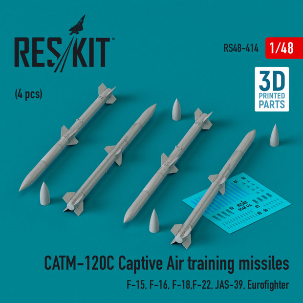 CATM-120C Captive air training Missiles (4 pcs) (F-15, F-16, F-18,F-22, JAS-39, Eurofighter) (3D Printed) Scale 1:48 ResKit RS48-0414 for Aircraft Model Kit