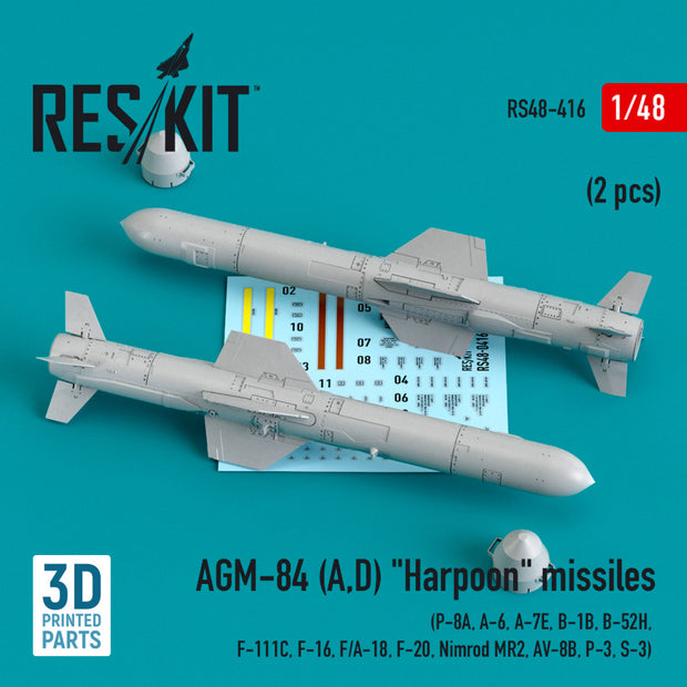 AGM-84 (A,D) Harpoon Missiles (2 pcs) (P-8A, A-6, A-7E, B-1B, B-52H, F-111C, F-16, F/A-18, F-20, Nimrod MR2, AV-8B, P-3, S-3) (3D Printing) Scale 1:48 ResKit RS48-0416 for Aircraft Model Kit