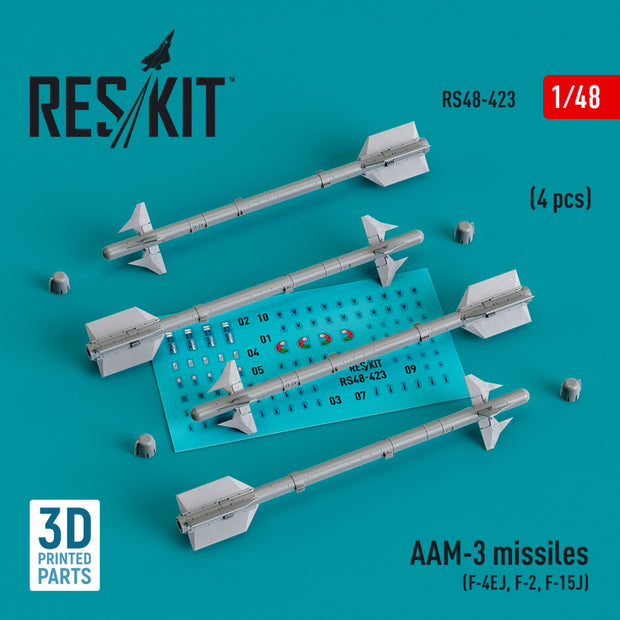 AAM-3 Missiles (4 pcs) (F-4EJ, F-2, F-15J) (3D Printed) Scale 1:48 ResKit RS48-0423 for Aircraft Model Kit