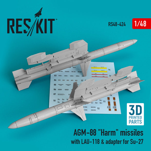 AGM-88 Harm Missiles with LAU-118 & adapter for Sukhoi Su-27 (2 pcs) Scale 1:48 ResKit RS48-0424 for Aircraft Model Kit