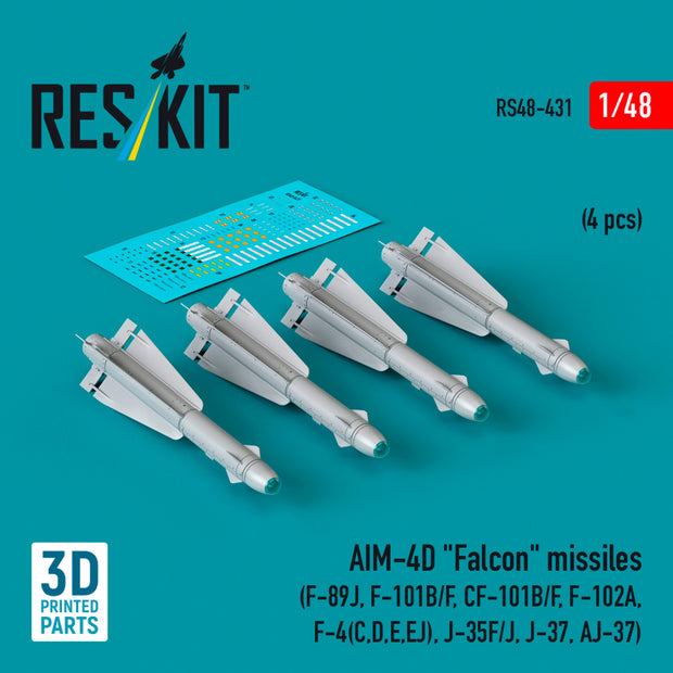 AIM-4D Falcon Missiles (4 pcs) (F-89J, F-101B/F, CF-101B/F, F-102A, F-4(C,D,E,EJ), J-35F/J, J-37, AJ-37) (3D Printed) Scale 1:48 ResKit RS48-0431 for Aircraft Model Kit
