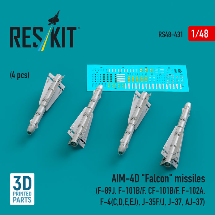 AIM-4D Falcon Missiles (4 pcs) (F-89J, F-101B/F, CF-101B/F, F-102A, F-4(C,D,E,EJ), J-35F/J, J-37, AJ-37) (3D Printed) Scale 1:48 ResKit RS48-0431 for Aircraft Model Kit