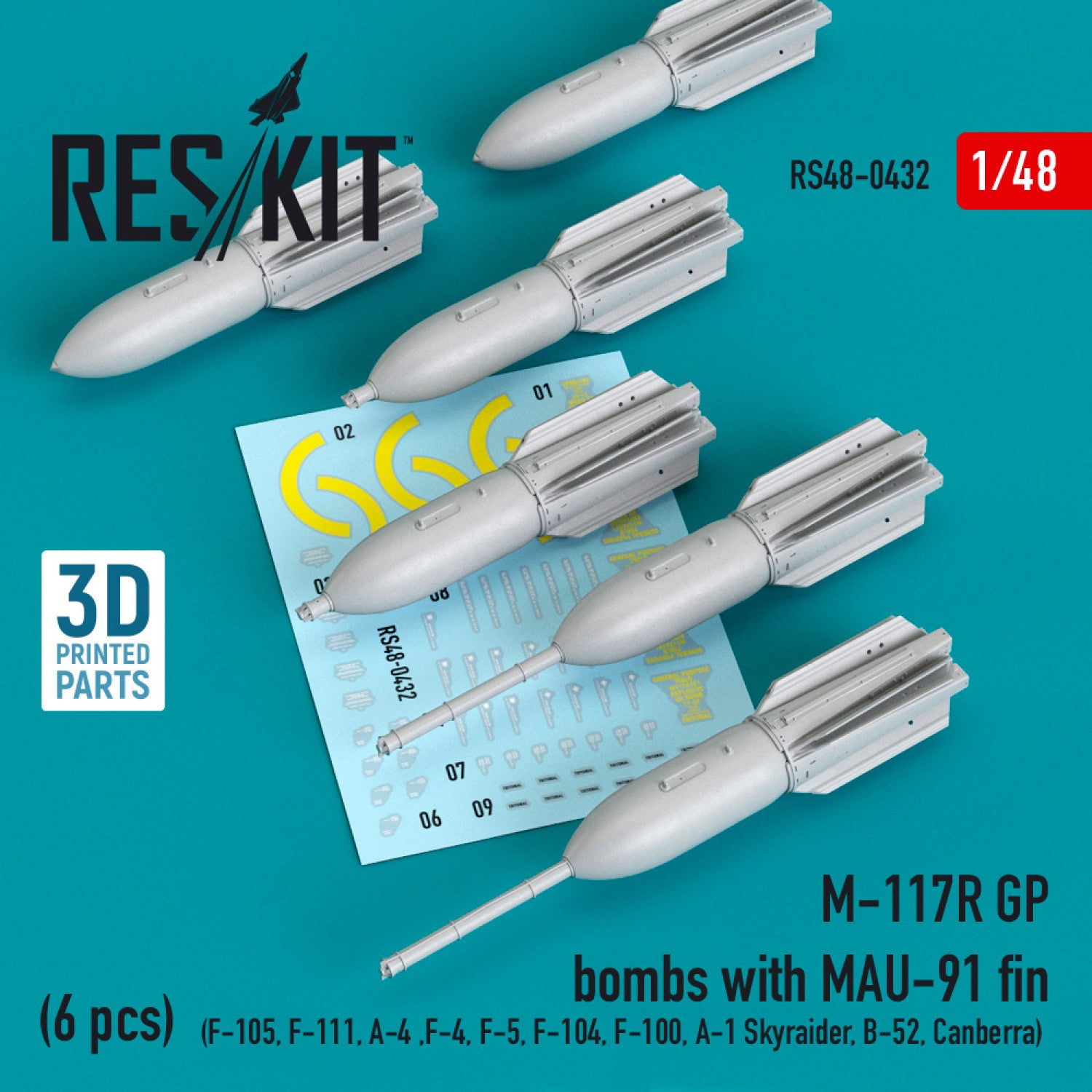 M-117R GP Bombs with MAU-91 fin (6 pcs) (F-105,F-111, A-4 ,F-4, F-5, F-104, F-100, A-1 Skyraider, B-52, Canberra) (3D Printing) Scale 1:48 ResKit RS48-0432 for Aircraft Model Kit