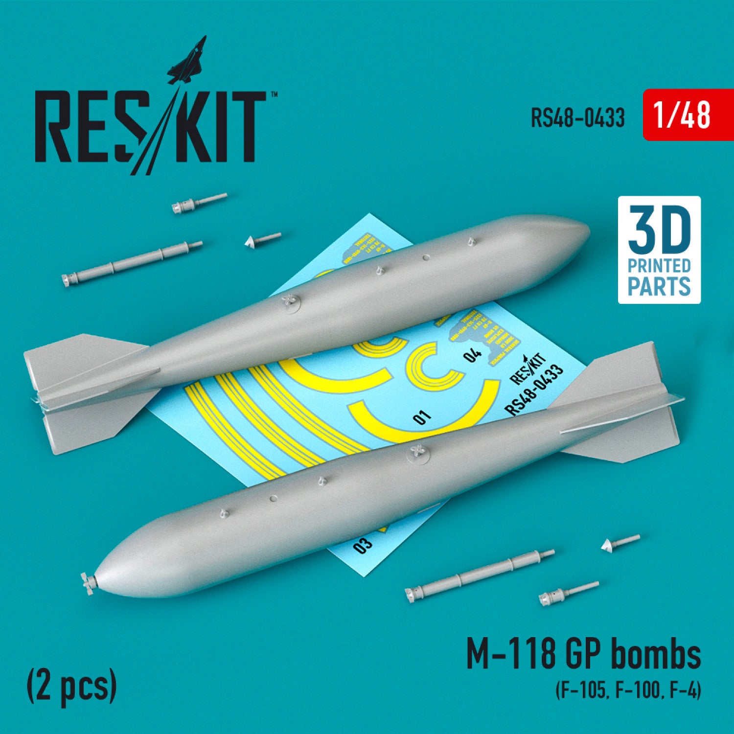 M-118 GP Bombs (2 pcs) (F-105, F-100, F-4) (3D Printing) Scale 1:48 ResKit RS48-0433 for Aircraft Model Kit