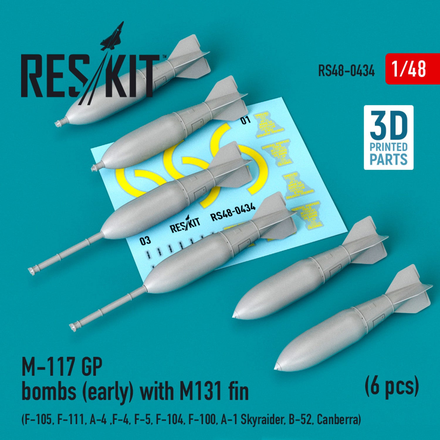M-117 GP Bombs (early) with M131 fin (6 pcs) (F-105, F-111, A-4 ,F-4, F-5, F-104, F-100, A-1 Skyraider, B-52, Canberra) (3D Printing) Scale 1:48 ResKit RS48-0434 for Aircraft Model Kit