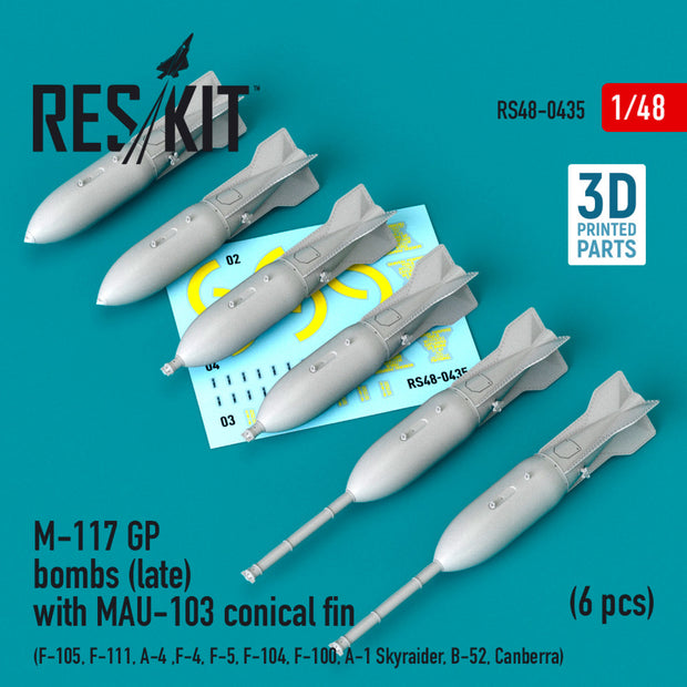 M-117 GP Bombs (late) with MAU-103 conical fin (6 pcs) (F-105, F-111, A-4 ,F-4, F-5, F-104, F-100, A-1 Skyraider, B-52, Canberra) (3D Printing) Scale 1:48 ResKit RS48-0435 for Aircraft Model Kit