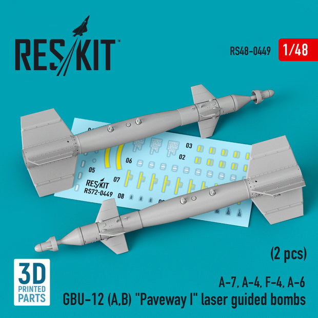 GBU-12 (A,B) "Paveway I" Laser Guided Bombs (2 pcs) (A-7, A-4, F-4, A-6) (3D Printed) Scale 1:48 ResKit RS48-0449 for Aircraft Model Kit