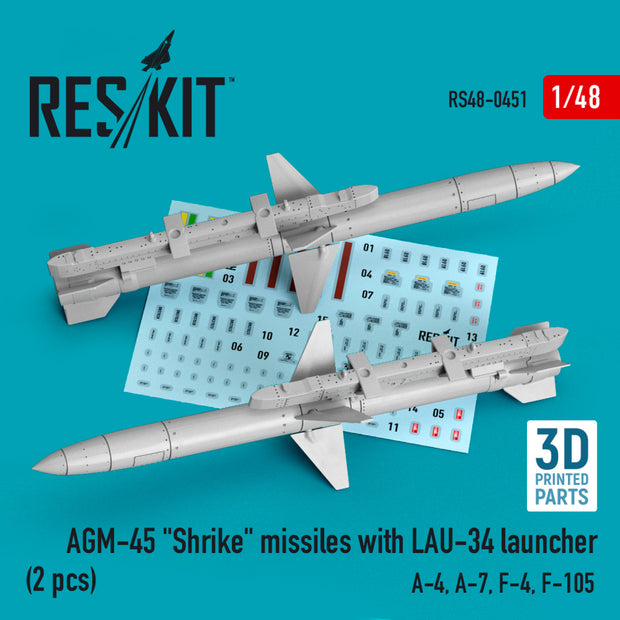 AGM-45 Shrike Missiles with LAU-34 launcher (2 pcs) (A-4, A-7, F-4, F-105) (3D Printed) Scale 1:48 ResKit RS48-0451 for Aircraft Model Kit