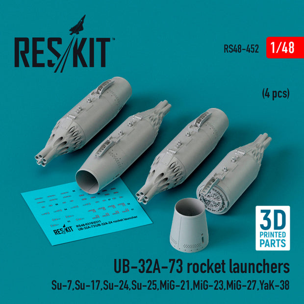 UB-32A-73 Rocket Launchers (4 pcs) (Su-7,Su-17,Su-24,Su-25,MiG-21,MiG-23,MiG-27,YaK-38) (3D Printed) Scale 1:48 ResKit RS48-0452 for Aircraft Model Kit