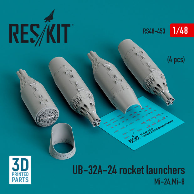 UB-32A-24 Rocket Launchers (4 pcs) (Mil Mi-24,Mi-8) (3D Printed) Scale 1:48 ResKit RS48-0453 for Helicopters Model Kit