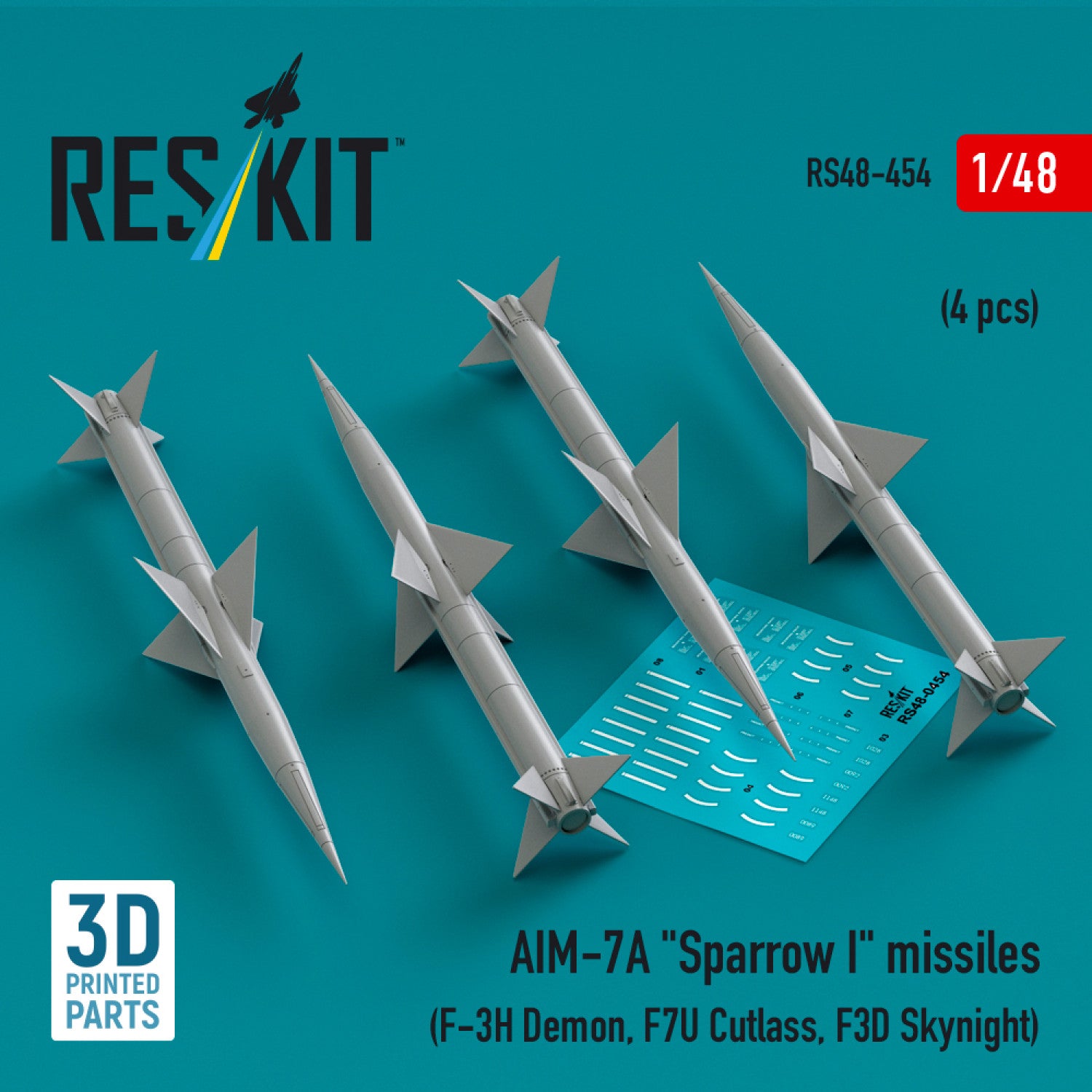 AIM-7A Sparrow I Missiles (4 pcs) (F-3H Demon, F7U Cutlass, F3D Skynight) (3D Printed) Scale 1:48 ResKit RS48-0454 for Aircraft Model Kit