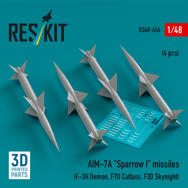 AIM-7A Sparrow I Missiles (4 pcs) (F-3H Demon, F7U Cutlass, F3D Skynight) (3D Printed) Scale 1:48 ResKit RS48-0454 for Aircraft Model Kit