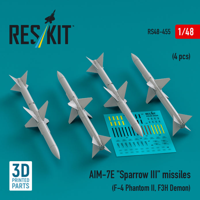 AIM-7E Sparrow III Missiles (4 pcs) (F-4 Phantom II, F3H Demon) (3D Printed) Scale 1:48 ResKit RS48-0455 for Aircraft Model Kit