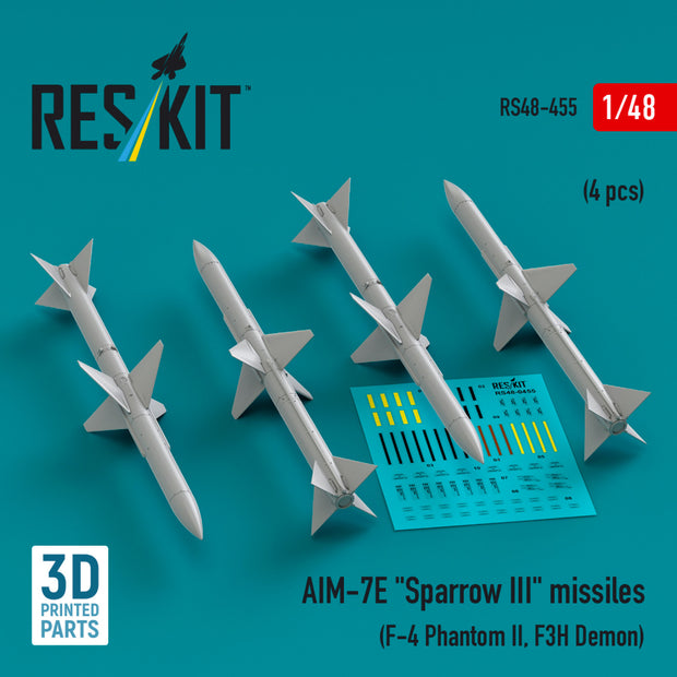 AIM-7E Sparrow III Missiles (4 pcs) (F-4 Phantom II, F3H Demon) (3D Printed) Scale 1:48 ResKit RS48-0455 for Aircraft Model Kit