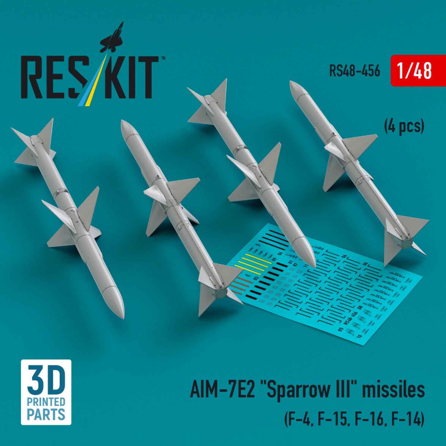 AIM-7E2 Sparrow III Missiles (4 pcs) (F-4, F-15, F-16, F-14) (3D Printed) Scale 1:48 ResKit RS48-0456 for Aircraft Model Kit